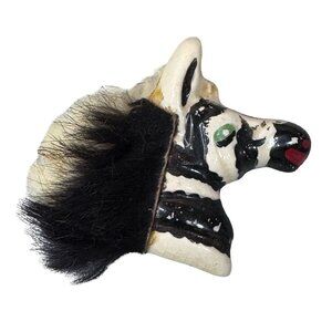 Vintage Zebra Striped Head Bust Brooch Collectible Art Piece Fur Hand Painted